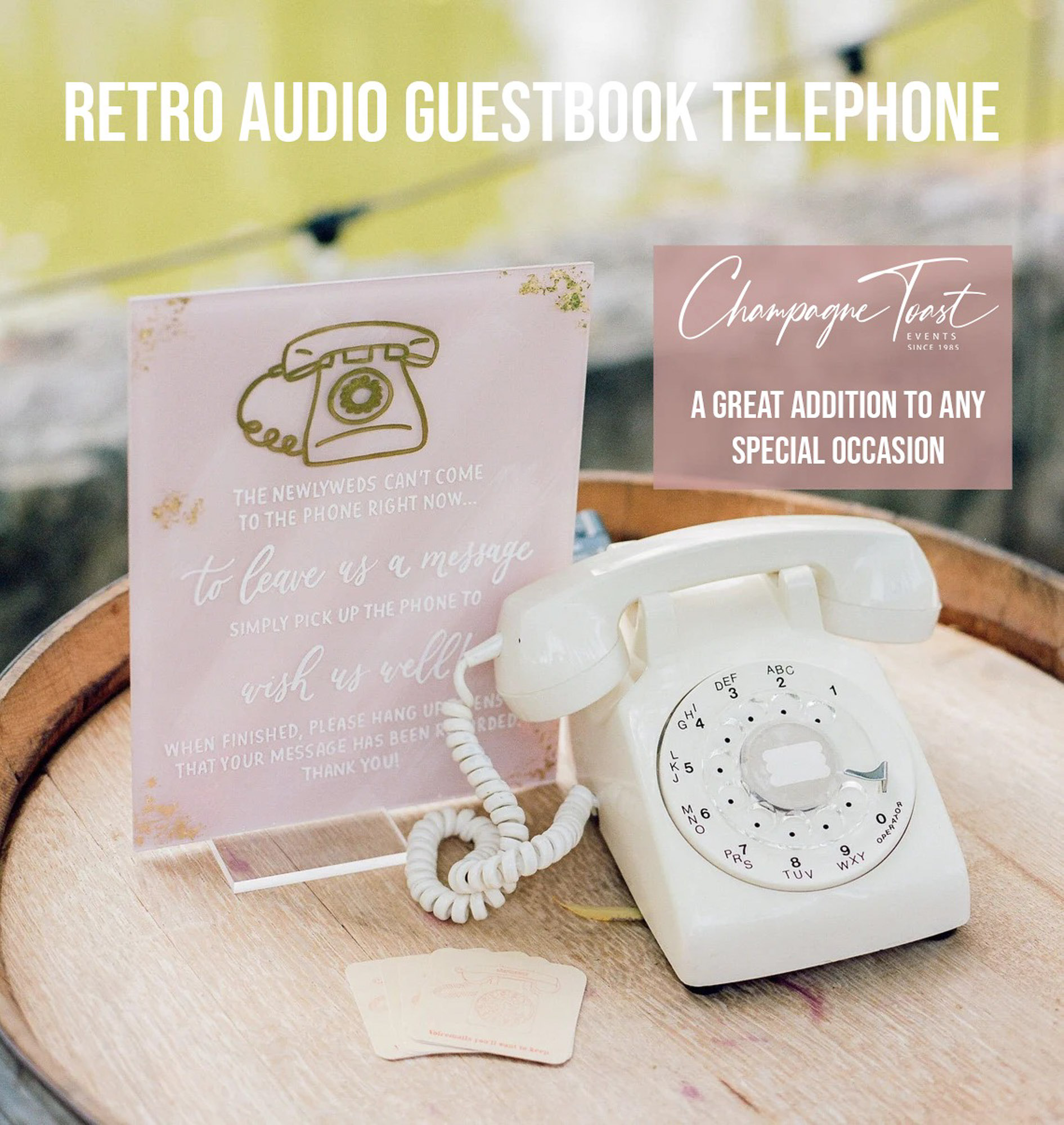 white vintage telephone and pink wedding sign for guestbook